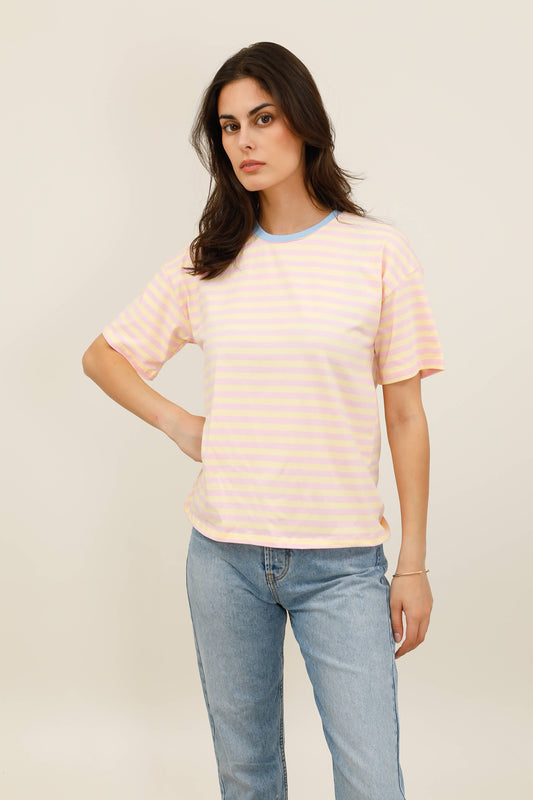 Damen Oversize-T-Shirt gestreift mehrfarbig - 32216: Gelb / 6 Stück: 2S - 2M - 2L