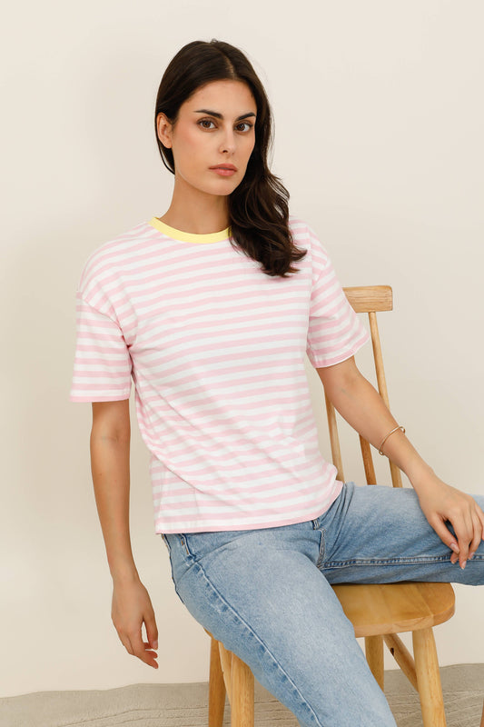 Damen Oversize-T-Shirt gestreift mehrfarbig - 32216: Gelb / 6 Stück: 2S - 2M - 2L