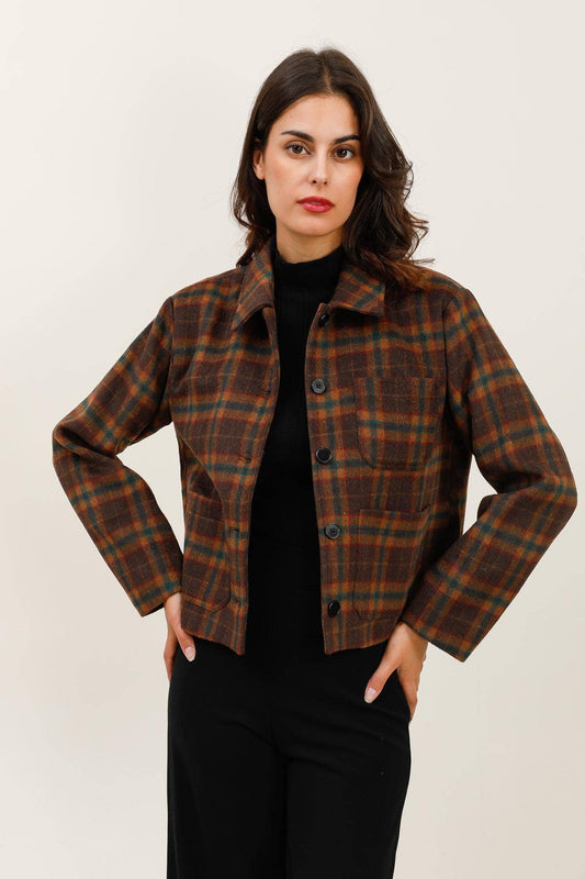 Kurzjacke für Damen, braun kariert im Hemdenstil - 5885: 6 Pieces: 3S 2M 1L / Marron