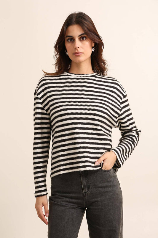Gestreiftes Damen-Sweatshirt mit Rundhalsausschnitt und langen Ärmeln - 31810: Schwarz / 6 Stück: 3S 2M 1L