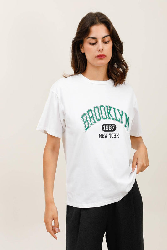 Damen-T-Shirt bedruckt Brooklyn New York - 32081: Weiß / 6 Stück: 3S 2M 1L