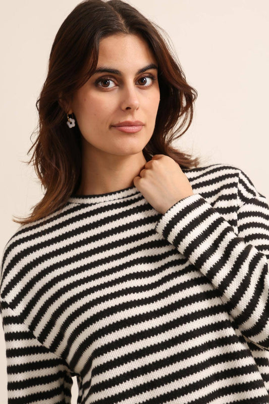 Gestreiftes Damen-Sweatshirt mit Rundhalsausschnitt und langen Ärmeln - 31810: Schwarz / 6 Stück: 3S 2M 1L