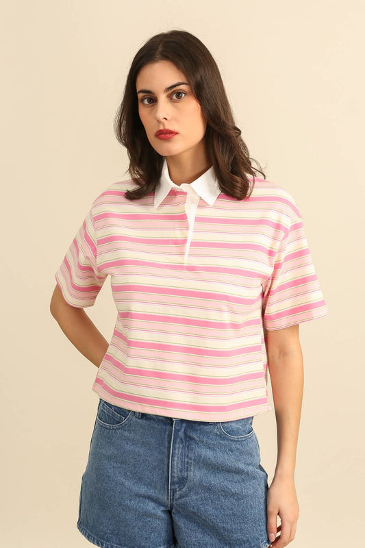 Kurzärmeliges Polo mit mehrfarbigen Streifen - 32116: Rosa / 6 Stück: 3S 2M 1L
