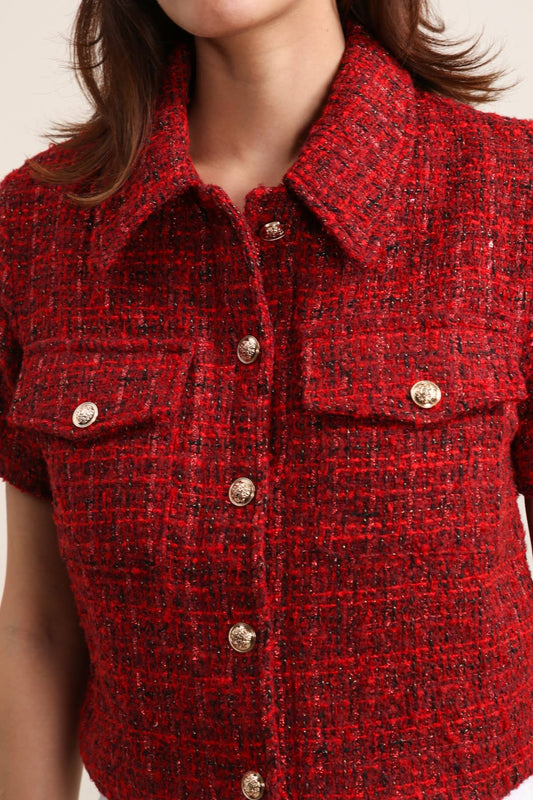 Damen-Tweed-Top, kurze Ärmel, cropped, mit Knopfleiste - 5639: Rot / 6 STÜCK: 32S21ML