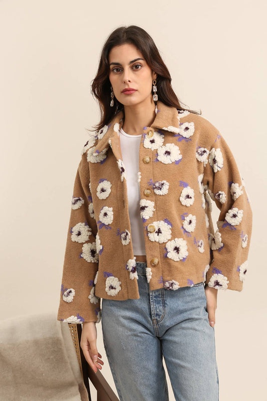 Jacke mit erhabenem Blumenmuster, Hemdkragen - 31833: Beige / 6 Stück: 3S 2M 1L