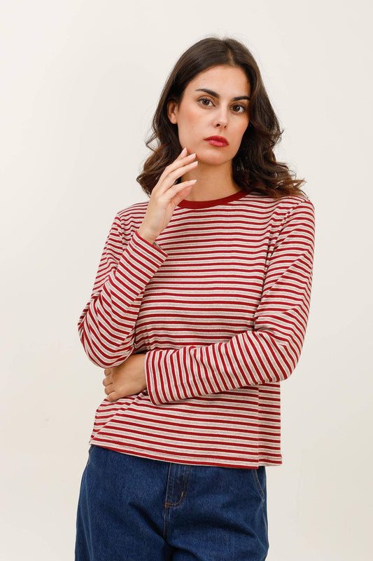 Damen-Langarm-T-Shirt gestreift - 32053: Rot / 6 Stück: 3S 2M 1L
