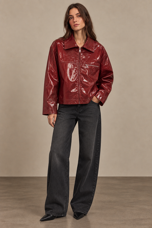 Oversize-Jacke aus lackiertem Kunstleder mit Craquelé-Effekt - 32063B: Rot / 6 Stück: 2S 2M 2L