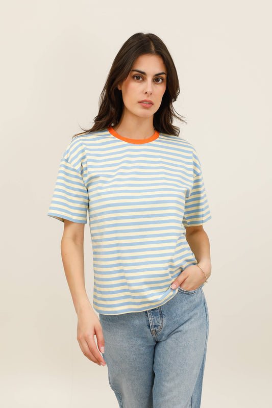 Damen Oversize-T-Shirt gestreift mehrfarbig - 32216: Blau / 6 Stück: 2S - 2M - 2L