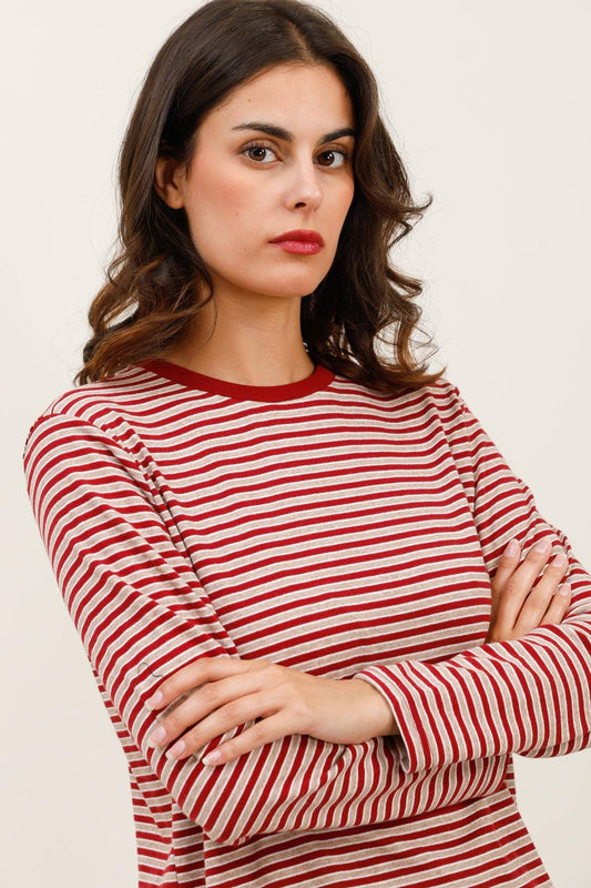 Damen-Langarm-T-Shirt gestreift - 32053: Rot / 6 Stück: 3S 2M 1L