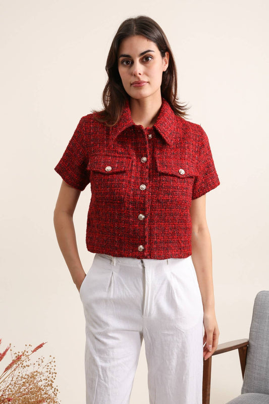 Damen-Tweed-Top, kurze Ärmel, cropped, mit Knopfleiste - 5639: Rot / 6 STÜCK: 32S21ML
